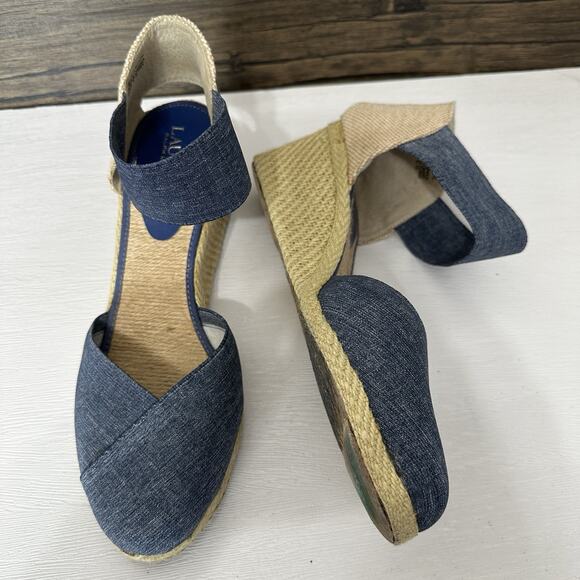 Lauren Ralph Lauren Wedges Women 11B Charla Denim Blue Canvas Espadrille Coastal - Picture 4 of 10